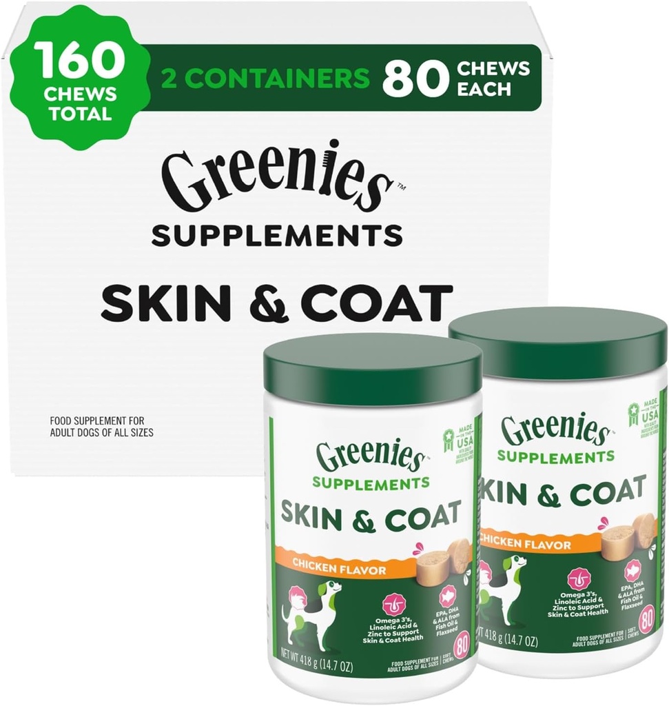 Greenies Suplimente Piele de câine și suplimente de haina cu ulei de pește & Omega 3 acizi grași, aroma de pui, 80-Count Tub, pachet de 2
