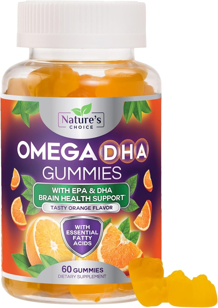 Omega 3 Gume de ulei de pește - Triple Putere Omega3 Gummy - DHA & EPA Acidi grasi pentru sanatatea inimii, Suport comun și creier, Natură de înaltă absorbție Omega Suplimentul de ulei de pește de pește, Orange Flavor- 60 Gume