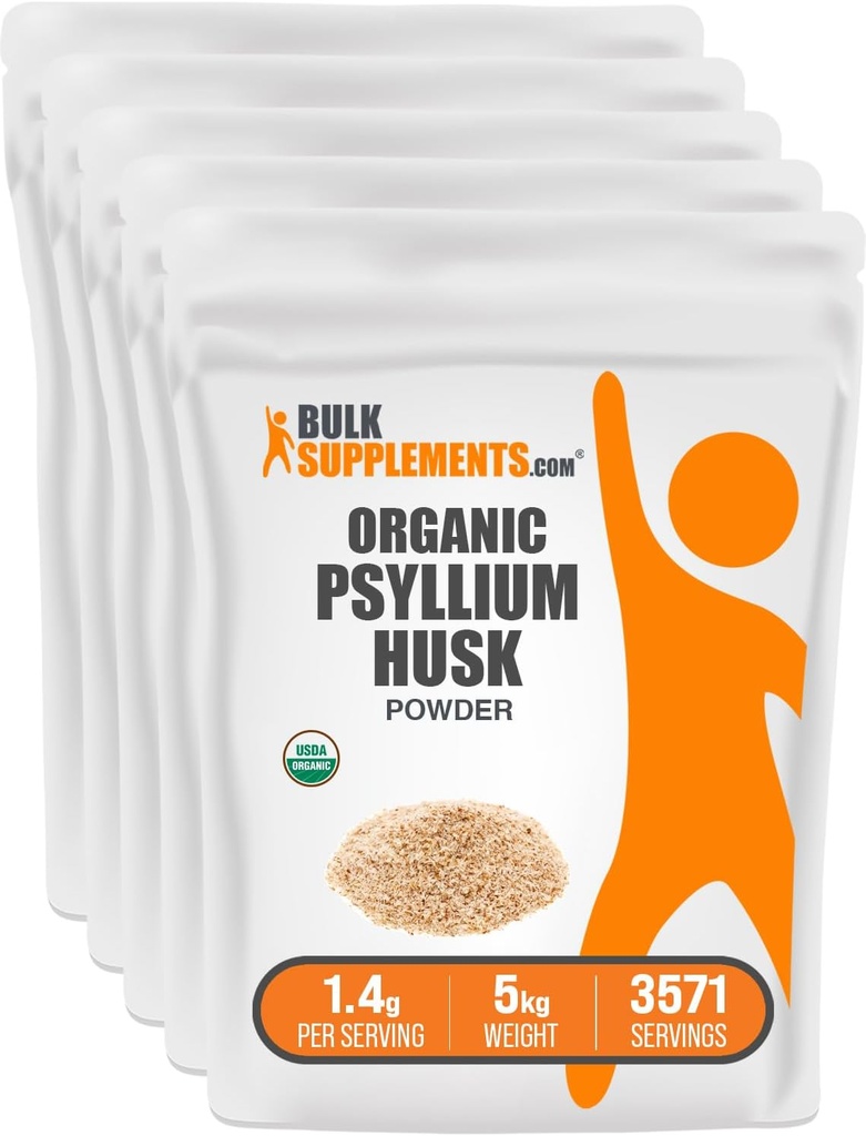 BulkSupplements.com Organic Psyllium Husk Powder - Psyllium Husk Powder for Baking, Fiber Supplement - Gluten Free, 1.4g per Serving, 1kg (2.2 lbs) (Pack of 5)