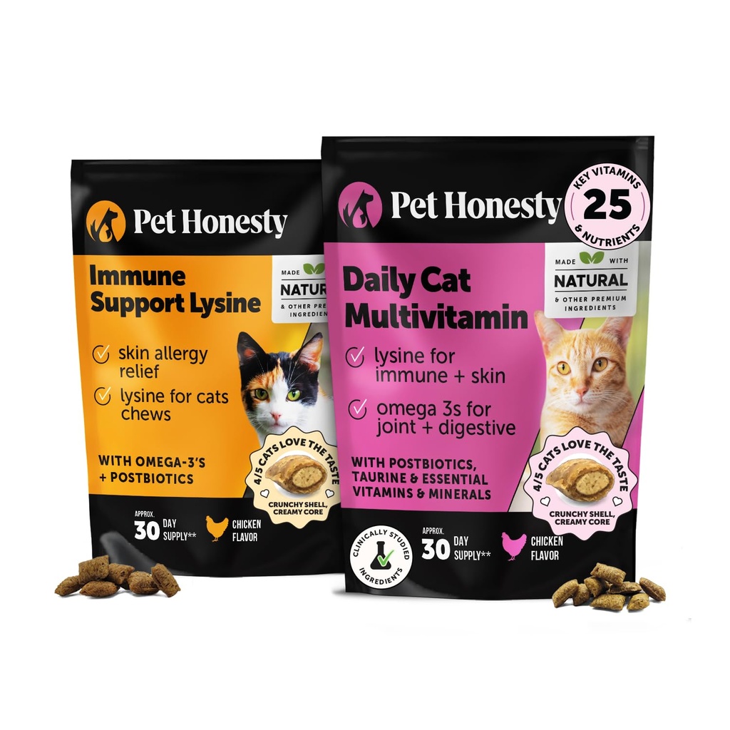 Cat Multivitamine + Suport imun Lysine Dual Texture Chew Supplement Bundle - Suportă Global Imuna Sănătate, Articulații, Piele & Coat, și Cat Alergie Ajutor - Strănut, nas Runny