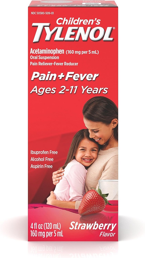 Tylenol pentru copii Suspensie orală de medicamente, Kids' Liquid Medicine Pain Reliever & Fever Reductor pentru Rece + Flu Simptome, Aspirina-, Ibuprofen- & Alcool- Gratuit, Căpșuni, 4 fl. oz