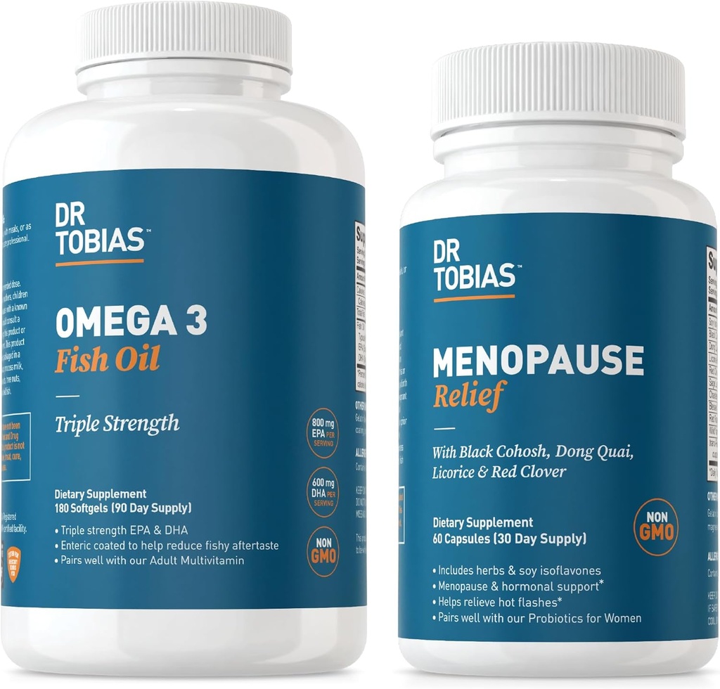 Dr. Tobias Omega 3 Ulei de pește și Menopauza Ajutor pentru femei, Suport endocrin cu Omega 3s esențiale, Flashuri fierbinți și suplimente de transpirații de noapte, Non-GMO