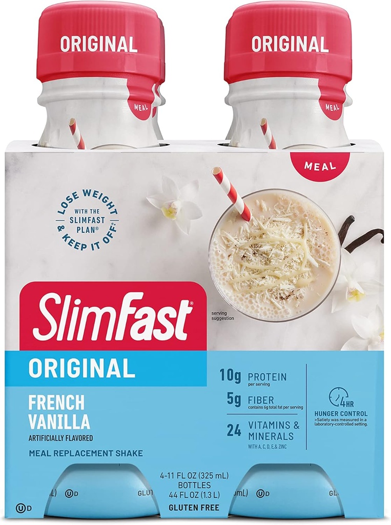 SlimFast Masă de înlocuire Shake, original franceză vanilie, 10g de gata să bea proteine pentru pierderea in greutate, 11 Fl. Oz Sticla, 4 Conte (Packing May Vary)