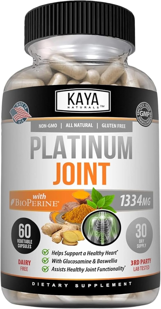 Kaya Naturals Platinum - Natural Made Bioperine, Glucosamine, Turmeric cu Boswellia, Sanatos Antioxidant Properties, Curcumina Turmerica 1334mg - 60 capsule