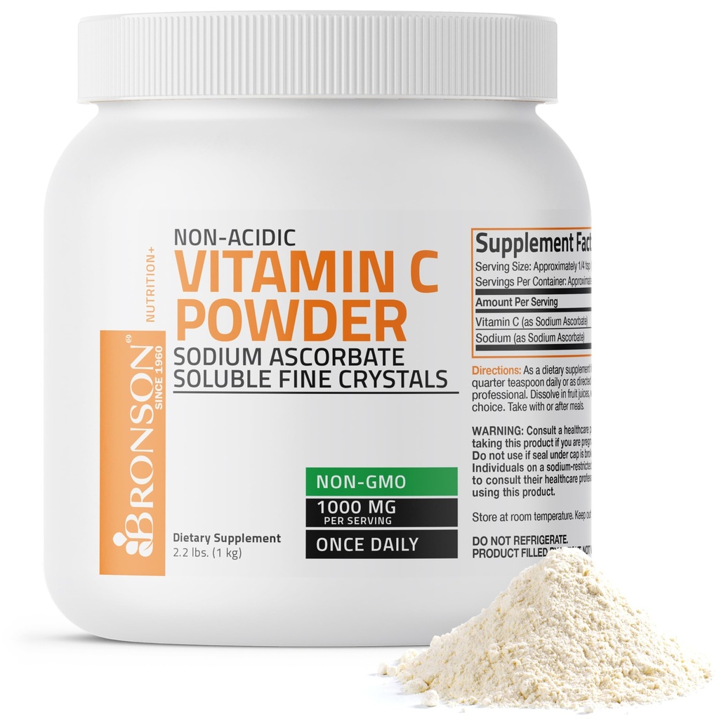 Bronson Non Acidic Vitamina C Pulbere Ascorbat de sodiu Nesolubil Crystals fine - Sistem imunitar sănătos, Antioxidant și protecție celulară, 1 Kilogram (2,2 lbs, 35,3 Ounces)