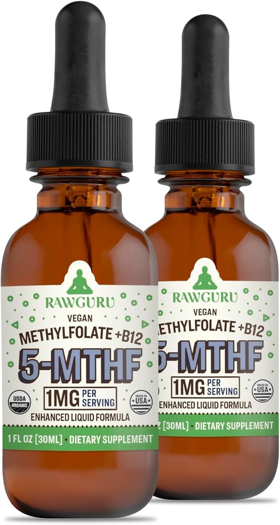 RawGuru Methylfolat 1mg+ Vitamina B12 - Organic Vegan metilat B12 cu Trace Minerale - Nano-processed & Enhanced Liquid Formula - 300 Servings of Vegan Drops per 30 ml, Pack of 2
