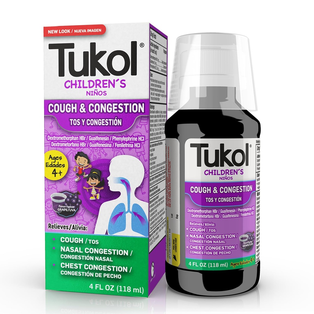 TUKOL Children's Cough Medicine - Cough & Congestion Relief, Chestal Cough Suppressant for Kids, Children's Cold and Cough Medicine, Kids Cough Syrup for Ages 4+ Grape Flavor 4 FL OZ