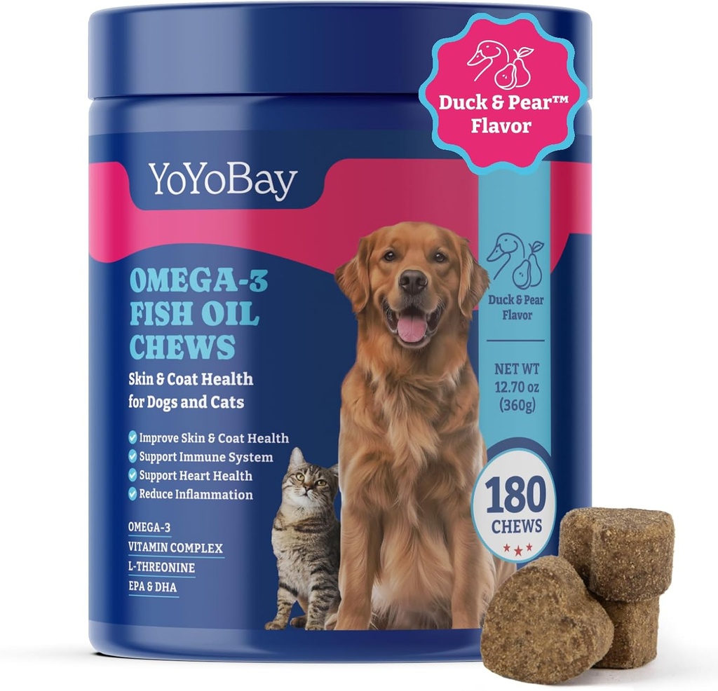 Mestecă ulei de pește pentru câini și pisici, Omega 3 ulei de pește pentru câini - bogat în Omega 3, 6 și 9 cu ulei de in, EPA & DHA - 180 Chews moale, aroma de rață și pere - antiinflamație, piele și haine de sănătate