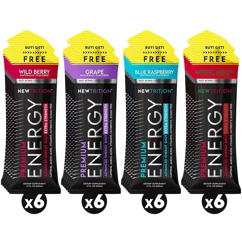 NewTrition® Extra Force Energy Shots 1.7 fl oz (Pachet de 24, 4 arome) - 250mg Cafeina cu vitamine B & Amino Acids, Zero-Zo Zahar-Free Calorie Vitamine Energy Drink for Focus & Endurance (Mixed-1)