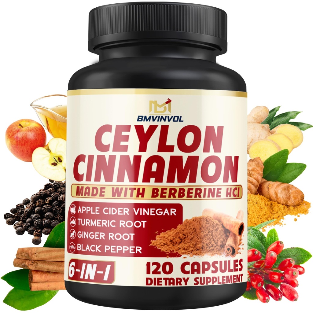 Capsule de scorțișoară ceylon cu HCl Berberin, Oțet de cidru de mere, Turmeric, Ginseng, Pepper negru - 6in1 pentru funcția imun de sprijin - 120 Conte