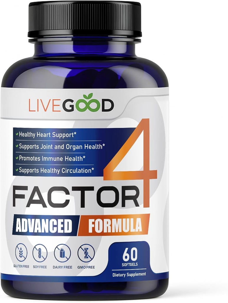 LIVEGOODTM Factor 4, Omega 3 Ulei de pește cu EPA & DHA, CoQ10, și Turmeric, suplimente avansate Q10 Coenzime & CoQ10, Suplimente DHA pentru inimă, suport comun și imun, Made in USA, 60 Count,