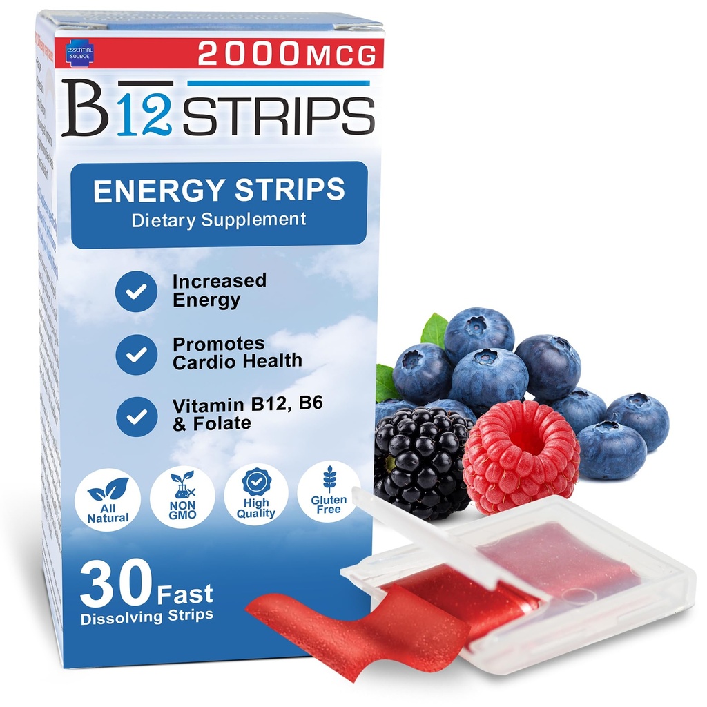 Essential Source 2.000 mcg Methylcobalamin Vitamina B12 Stripuri sublinguale de energie Biotin, B6, 5-MTHF L-Oxfolat 