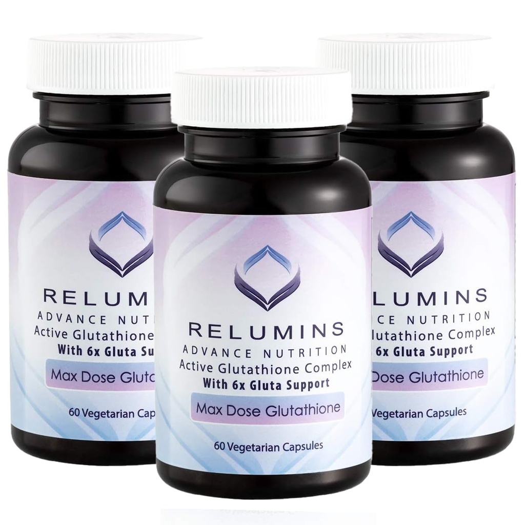Relumins Advance White Active Glutatione Complex - Doza Max 900 mg Glutatione cu 6X Boosters, ALA & NAC - Anti-Aging Skin Brightening Supliment - 60 Capace x 3 Flacoane