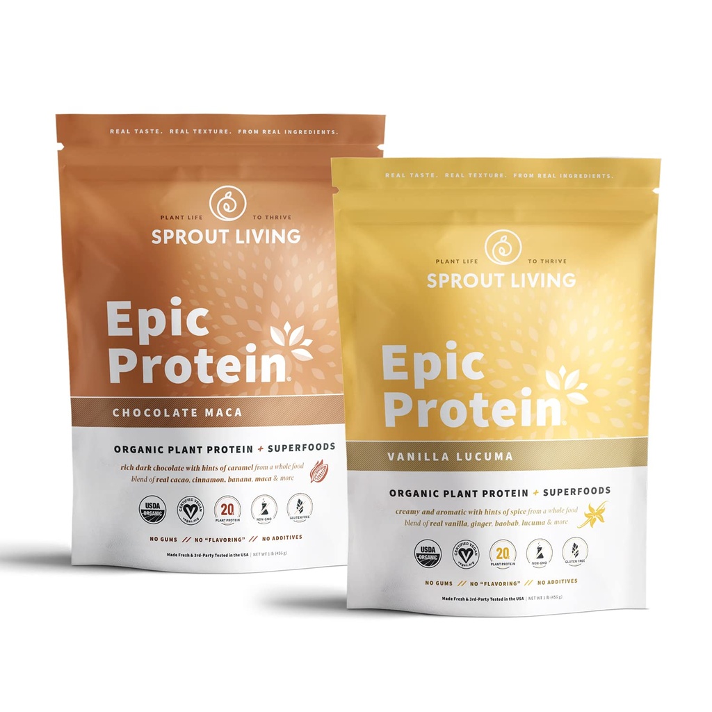 Sprout Living Proteina Epic Bundle - Ciocolata Maca & Vanilla Lucuma (20g Organic Plant-Based Proteine Powder, Vegan, Gluten Free, Superfoods) 1lb, 12 Serviri