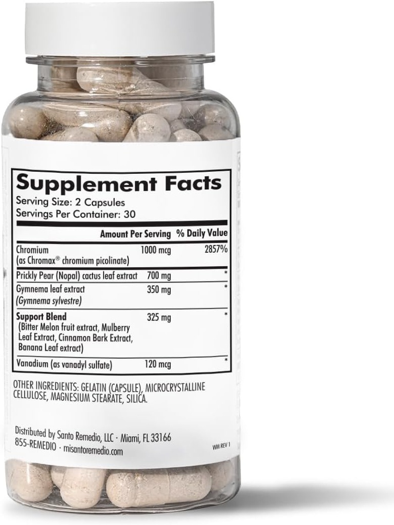 Formula exclusivă a Santo Remedio cu Nopal, Picolinat de crom (Chromax), Gurmar (Gymnema Silvestre) și Vanadil sulfate. 60 capsule (30 Servings)