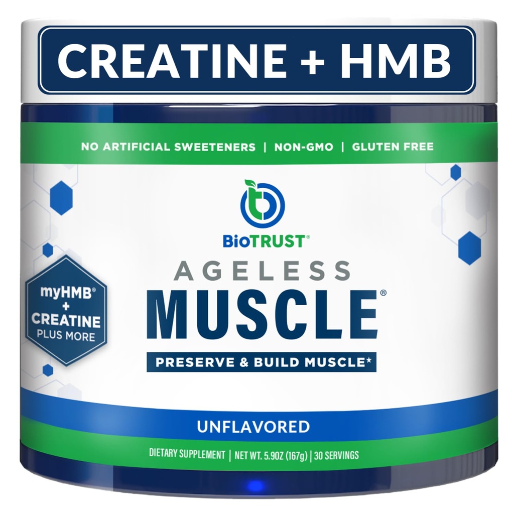 BioTrust Ageless Muscle Builder - Creatine HMB pulbere cu vitamina D3 & Betaina - Construiți și păstrați în mod natural scăderea masei musculare și a forței - nearomate, 30 Serviri