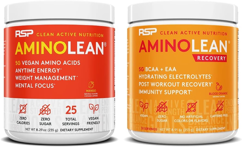 RSP NUTRITION Vegan AminoLean Pre Workout Energy (Mango 25 Serviri) cu AminoLean de recuperare post antrenament Boost (Blood Orange 30 Servings)