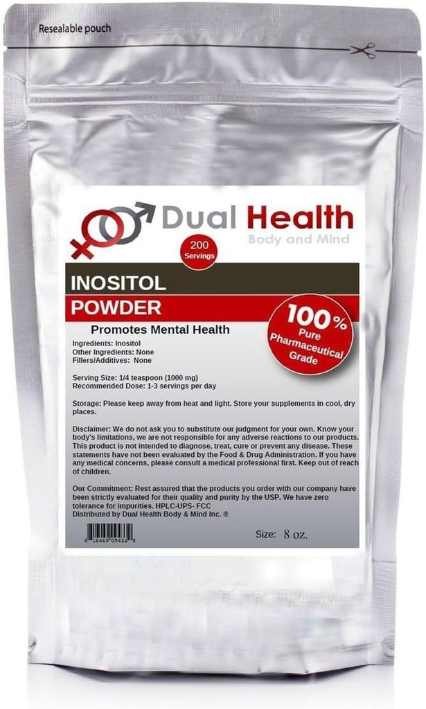 Dual Health Body & Minte Inozitol pulbere (8 oz) Vitamina pură B8 Antioxidanti Suplimente de vrac 1000mg per Servire