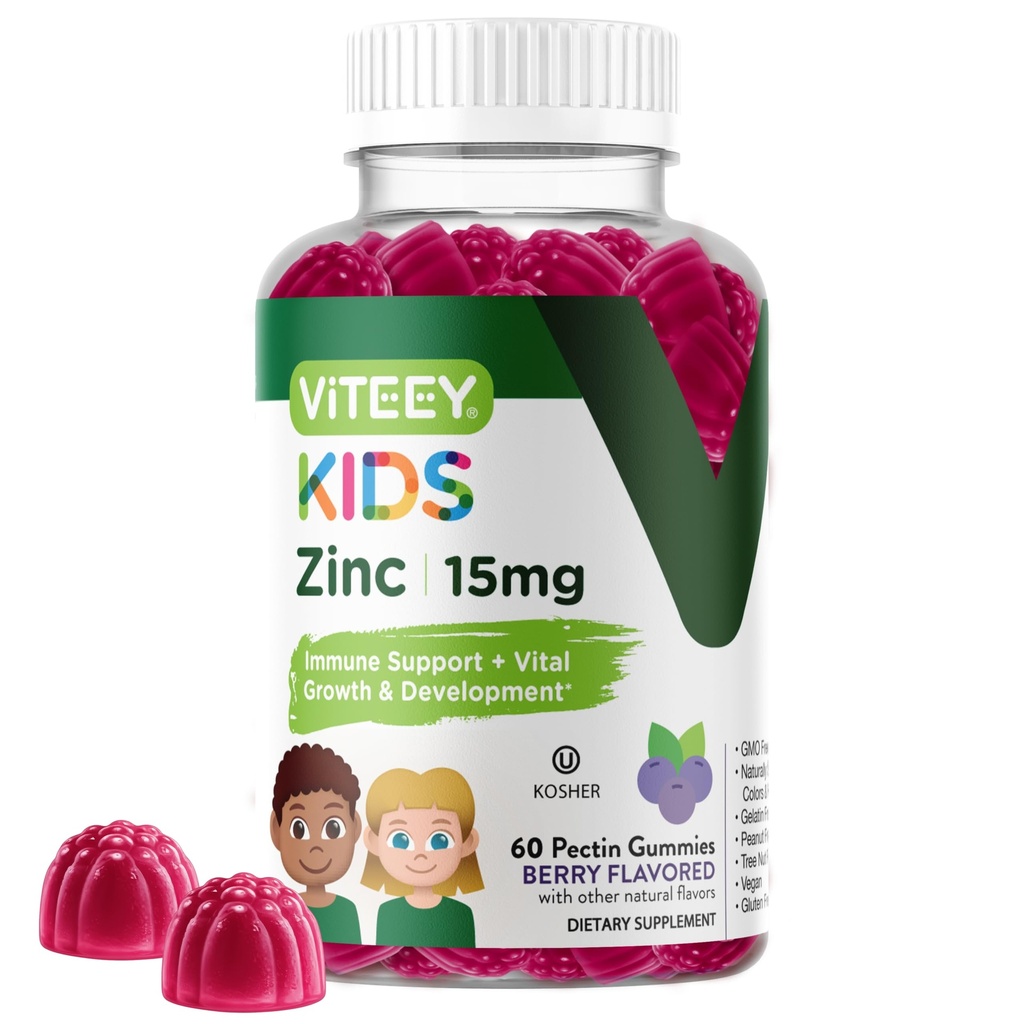 Viteey Zinc pentru copii Gummies, 15mg - Suport imunitar - puternic antioxidant natural, Copii supliment de vitamina de zinc - Vegan, Gelatină gratuit, Gluten gratuit - Gummy gustoase aroma Berry