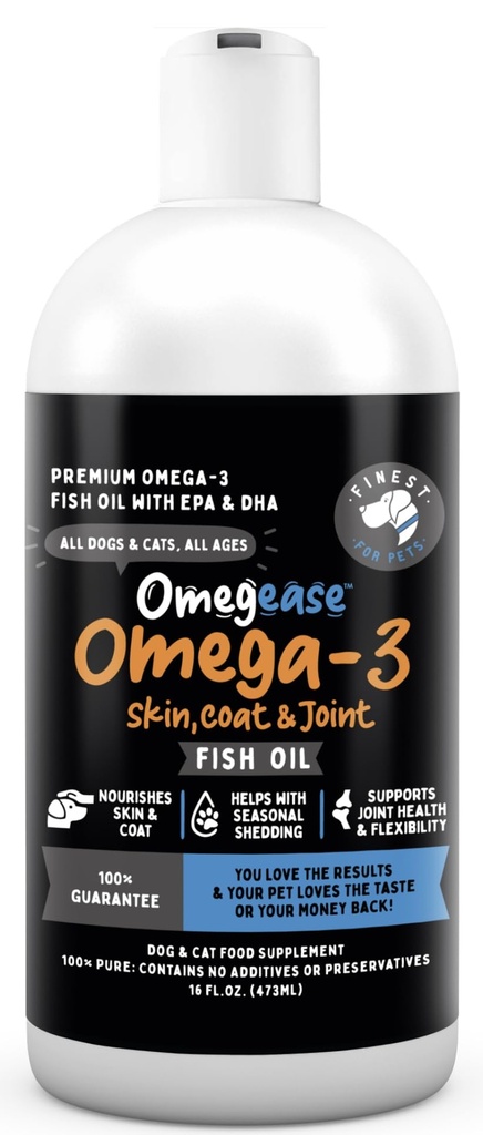 Ulei de pește Omegease pentru câini și pisici - Cel mai fin pentru animale de companie Omega 3 pentru pisici și câini - Supliment pentru piele și blană, mâncărime, vărsare, articulații și sănătate imună - 100% ulei de pește pur Omega cu EPA & DHA (16 oz)