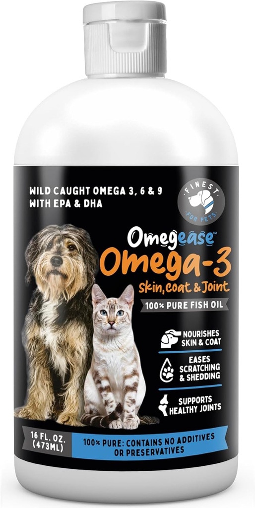 Ulei de pește Omegease pentru câini și pisici - Cel mai fin pentru animale de companie Omega 3 pentru pisici și câini - Supliment pentru piele și blană, mâncărime, vărsare, articulații și sănătate imună - 100% ulei de pește pur Omega cu EPA & DHA (16 oz)