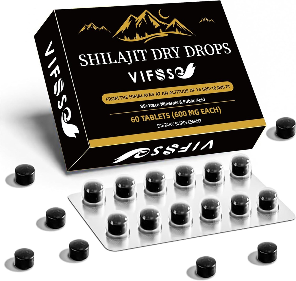 Silajit Dry Drops, Shilaj Supliment, 36000 Mg Organic Shilajit Potenta maxima, Energie Booster, Aur Grad Natural Shilaj pentru suport energetic, 1 pachet de 60 Conte