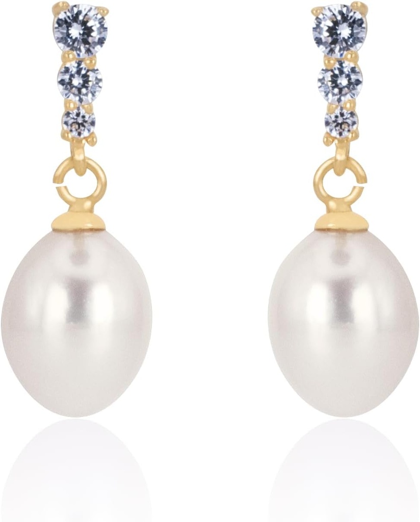 18K aur placat Sterling Silver Dangle White Drop Handpicked calitate apă dulce Culturat Pearl Cercei de nunta cu cub Zirconia Cristale Pearl cercei mireasa bijuterii pentru mirese