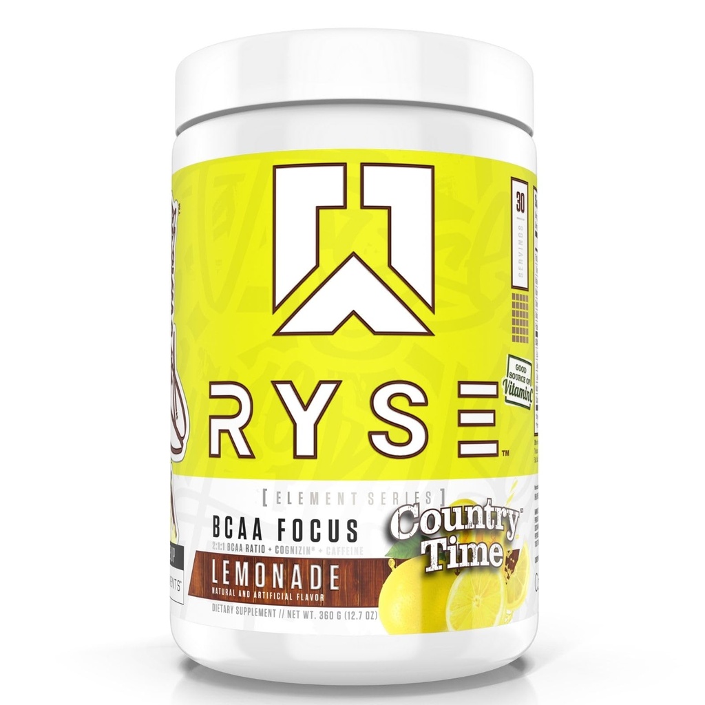 RYSE BCAA Focus pulbere - Country Time Lemonade - BCAA Supliment cu Electroliți, Natural Cafeina & Cognizin Suporturi pentru hidratare, recuperare, energie, și Focus pentru bărbați și femei - 30 Serviri