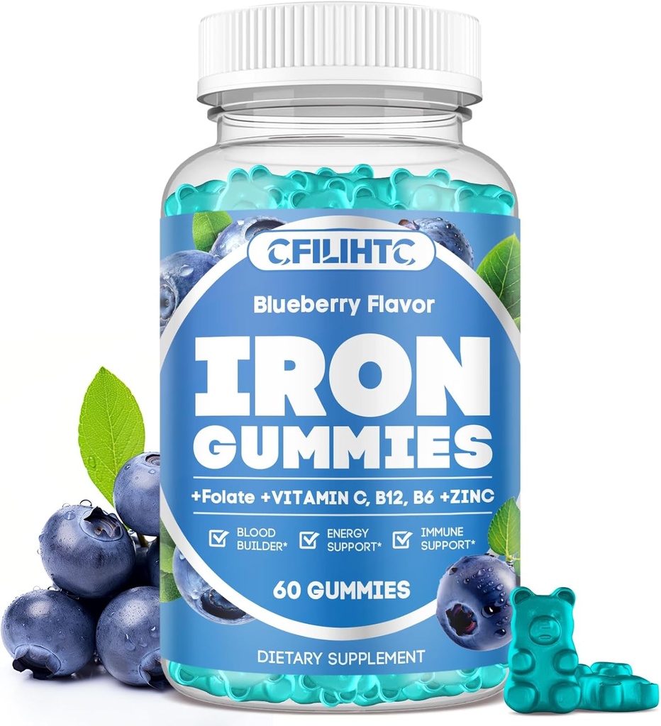 Gume de fier pentru femei si barbati - Suplimentul de fier cu vitamina B6, B12, C, Zinc, Folat pentru adulți și copii - Suport deficit de fier, anemie, energie Boost, Blood Builder - Zahăr gratuit Vegan 60ct afine