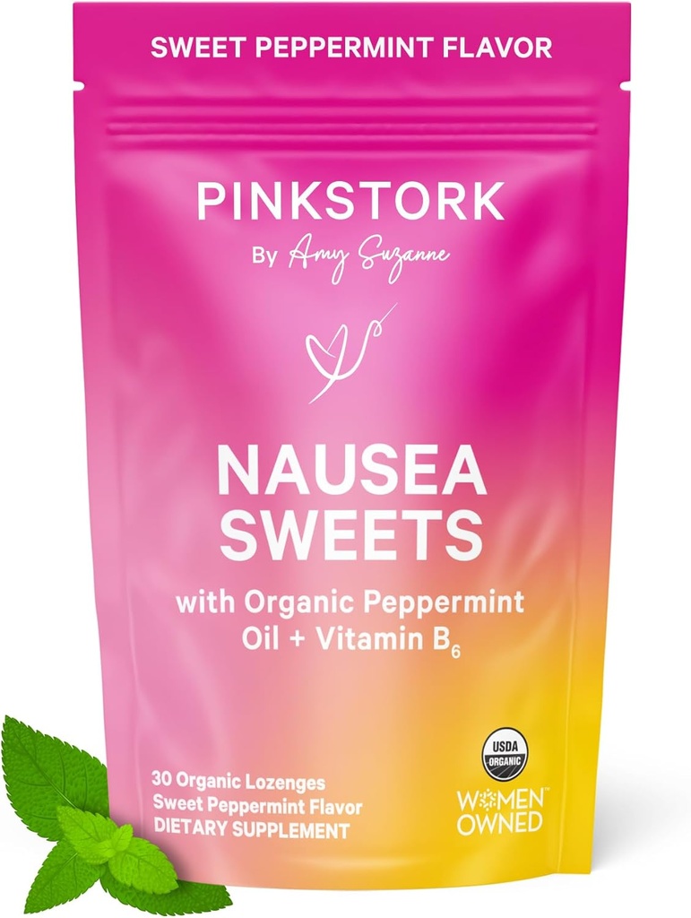Pink Stork Organic Peppermint Sweets for Morning Sickness and Motion Sickness Support, Added Vitamin B6, 1st Trimester Pregnancy Must Haves - 30 Wrapped Peppermint Candies