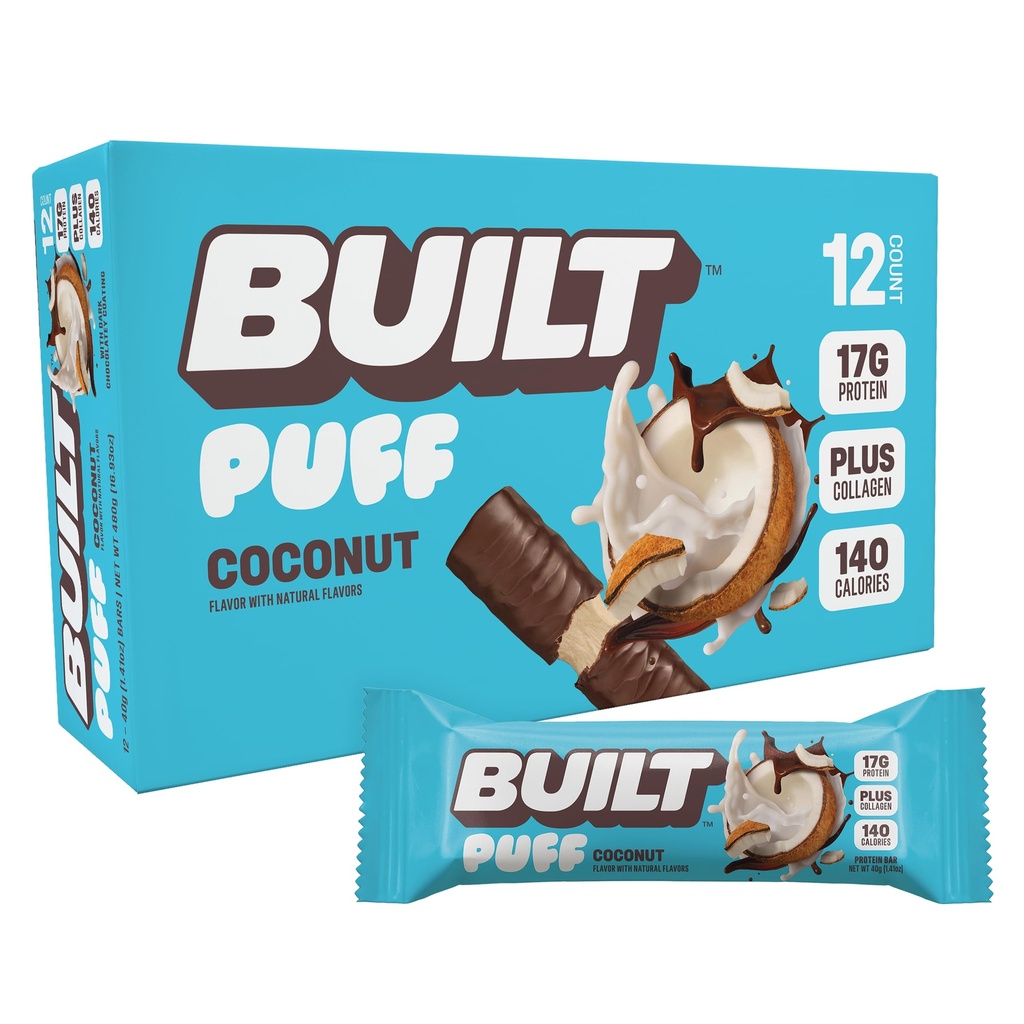 Built Bar, Puff Proteine Bars, Coconut Puff, 17g Proteine Snacks, On-The-Go Bars, Numai 140 Calories, 6g Sugar, Colagen, Gluten Free, 12 Conte