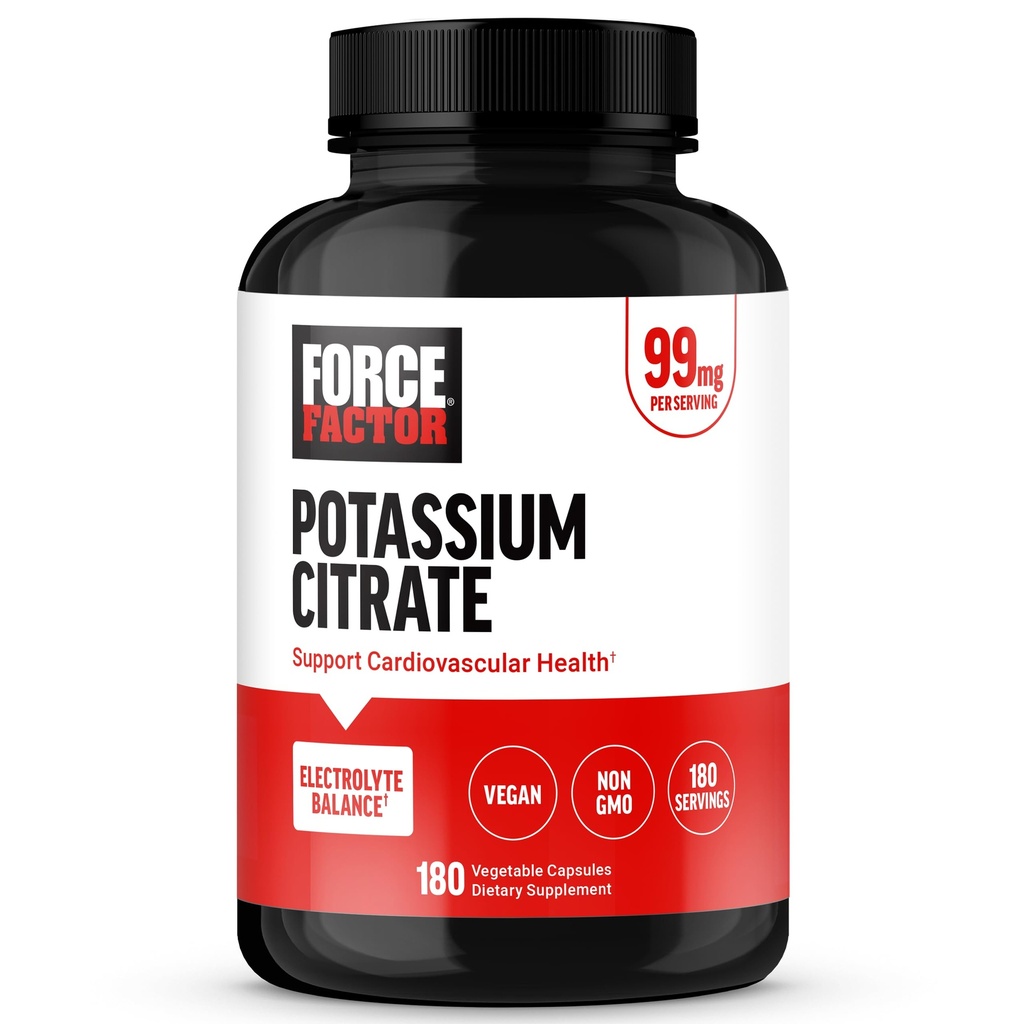 Factor de forță Citrat de potasiu, Capsule de potasiu pentru a sprijini sănătatea cardiovasculară, Promovarea echilibrului electrolitic, și stimularea hidratare, Ideal pentru sportivi, 180 capsule vegetale