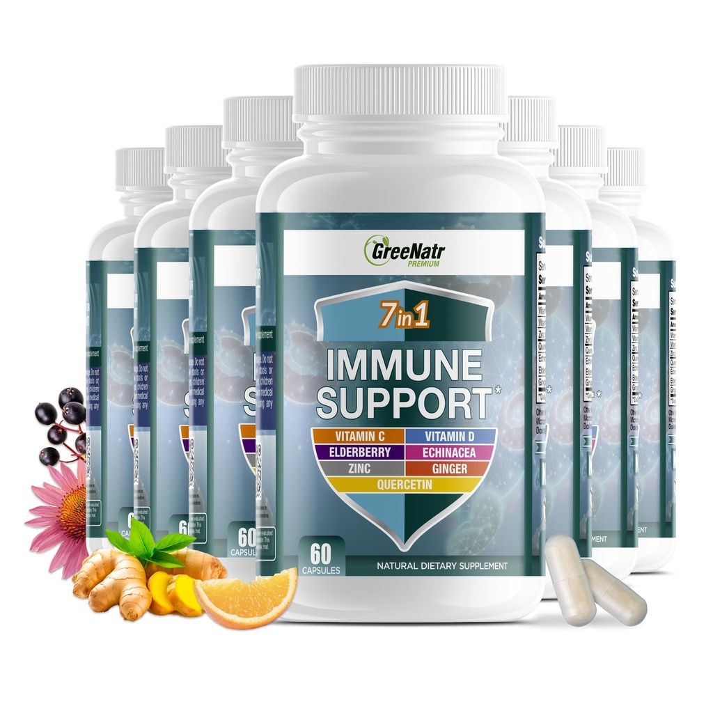 GreeNatr 7 în 1 Supplement de sprijin imun cu vitamina C, vitamina D3, zinc 50mg, Querbetin, echinacea Purpurea, Sambucus Elderberry și Ginger pentru apărare imună completă - 60 capsule (12 sticle)