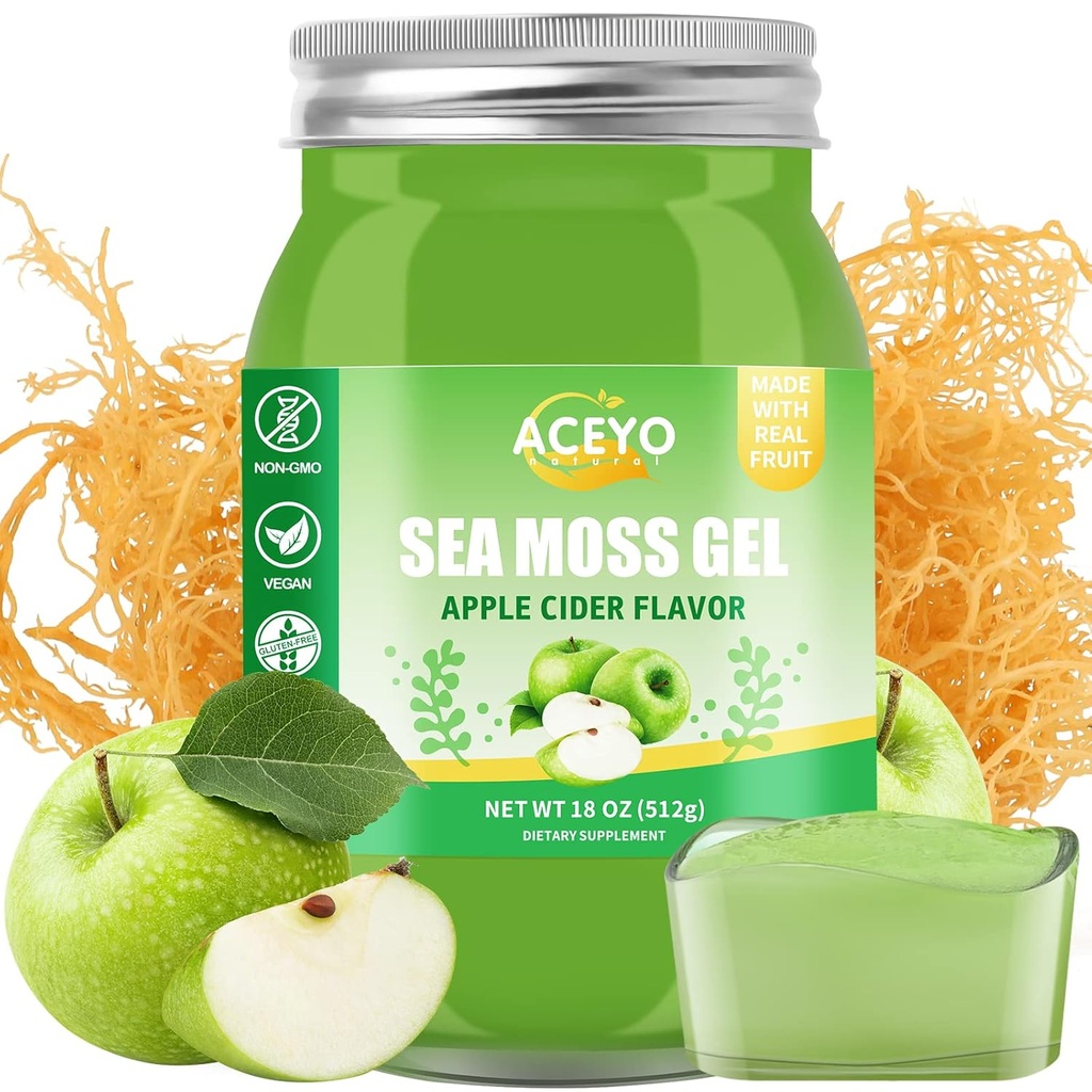 (18 OZ) Irish Sea Moss Gel Organic Raw Vegan Apple Flavor 102 Vitamine și Minerale Wild Harvested Non-GMO Immune Defense Booster tiroida suport digestiv