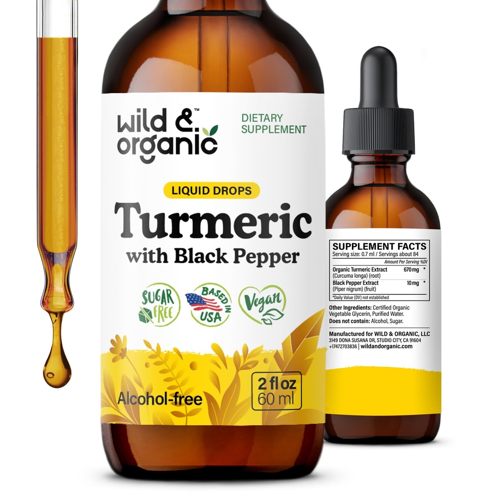 Lichid cu adaos de turmerie salbatica si organica - Suport comun - Curcumina turmerica cu extract de piper negru - Picaturi de root Curcumin - Vegan, zahar si tinctura fara alcool - 2 fl oz