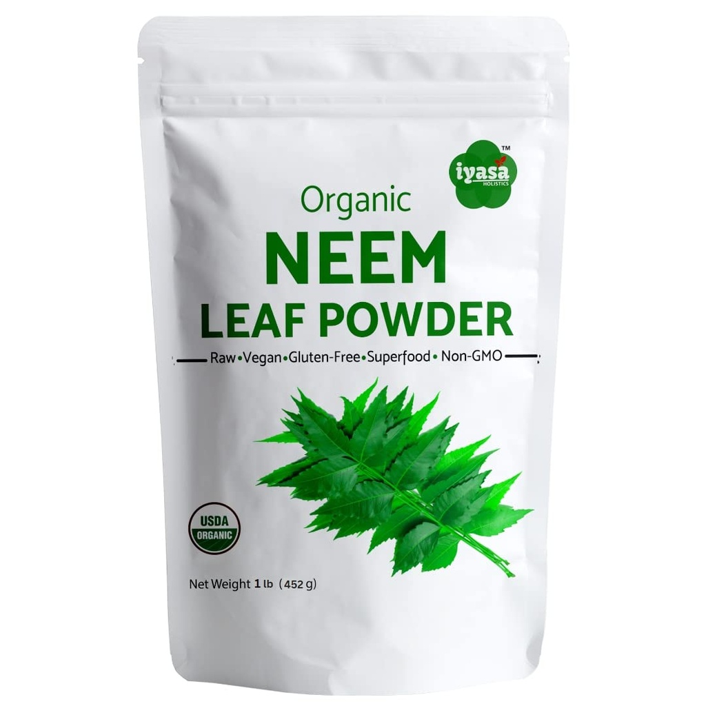 Iyasa Holistics Organic Neem Powder Ayurveda planta si super-alimentare, Suporta sange si purificarea ficatului, Promoveaza parul sanatos si pielea curata, sac reutilizabil de 16 oz/ 453g