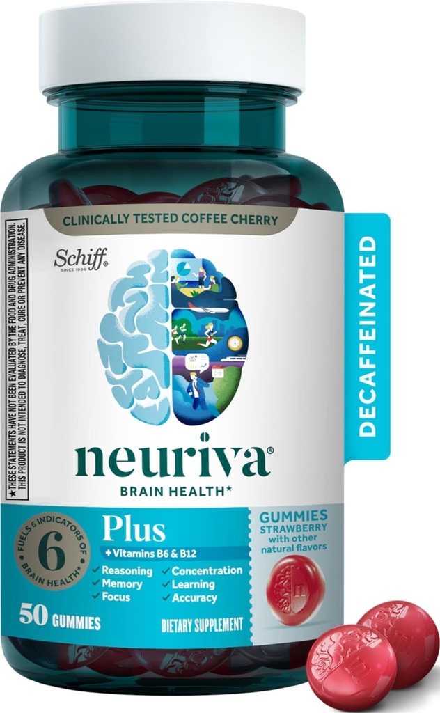 NEURIVA Plus Suplimentul Brain pentru Memorie,Focus & Concentration+ Functie cognitiva cu vitamine B6 & B12 si Nootrops Testate clinic Fosfatidilserină și Neurofactor,50ct gumiile de capsuni