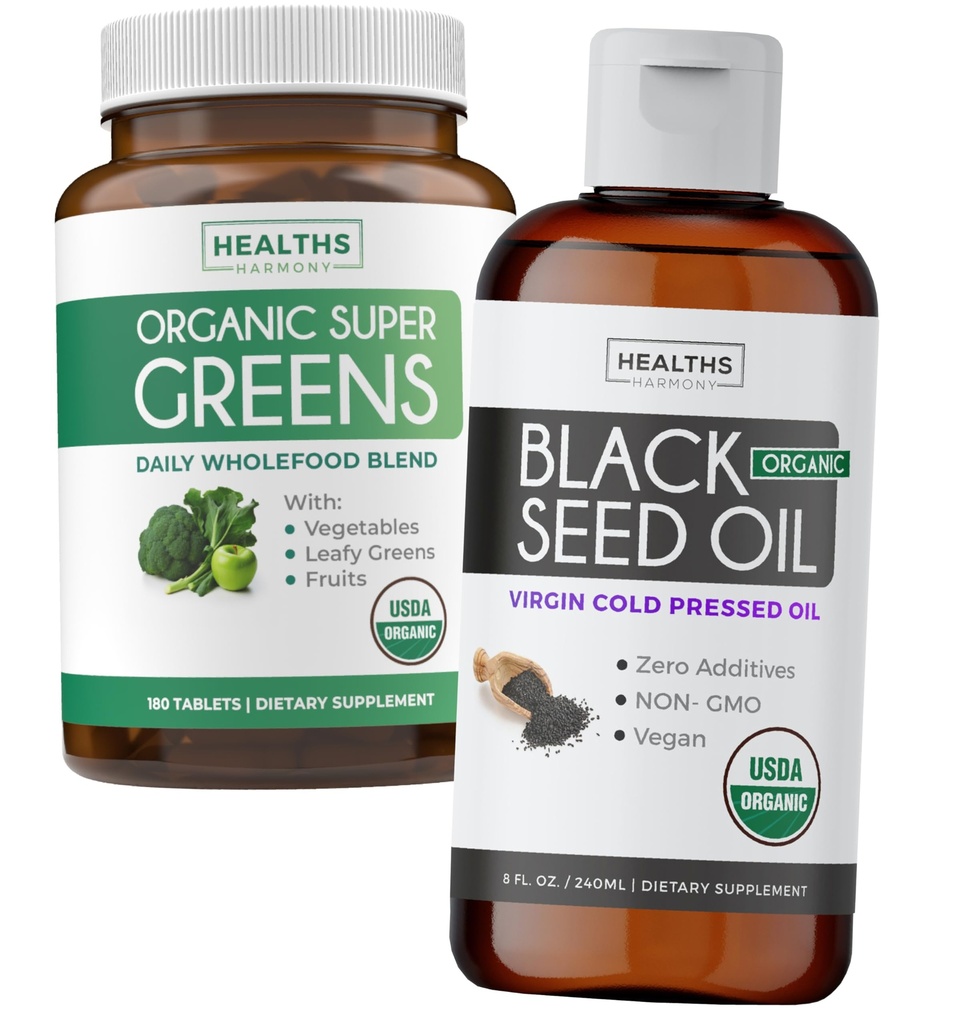 Super Greens & Black Seed Oil (3-Month Supply) Ulei din plante Blend Bundle of Organic Super Greends Powder - Superfood complet (180 capsule) & Organic Black Seed Oil Liquid - Rece presat (8 fl oz)