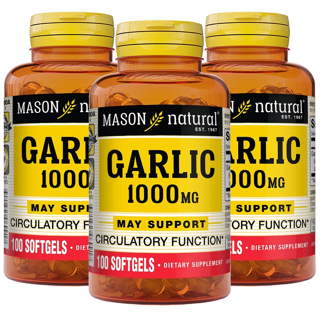 MASON NATURAL Ulei de usturoi 1000 mg, 300, Day Supply Softgels, Suportă funcţia normală de circulaţie, 3 ambalaj