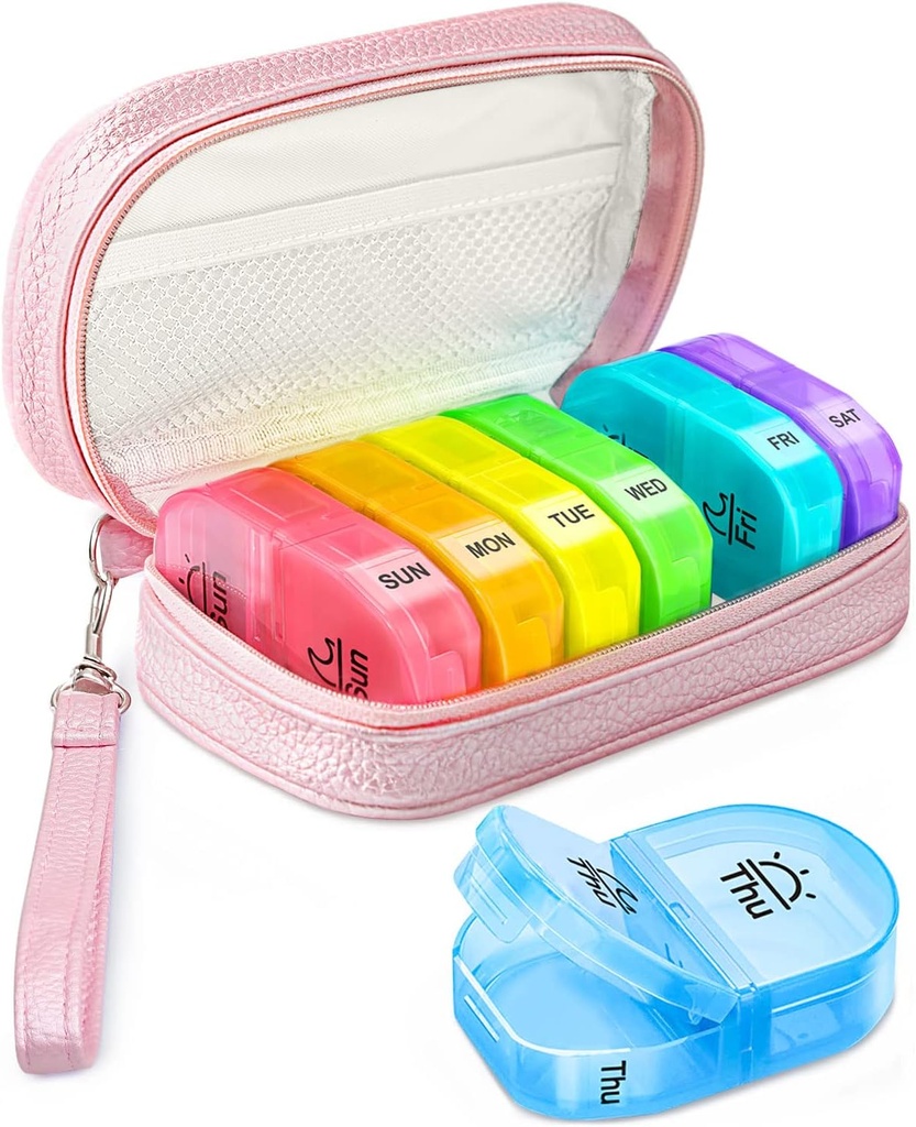 Cute Pill Organizator de 2 ori pe zi, PU din piele caz Pilula pentru femei, Portable săptămânal Pilula cutie pentru Purse cu sac de stocare pentru a deține vitamine, medicamente, uleiuri de pește, suplimente (Pink)