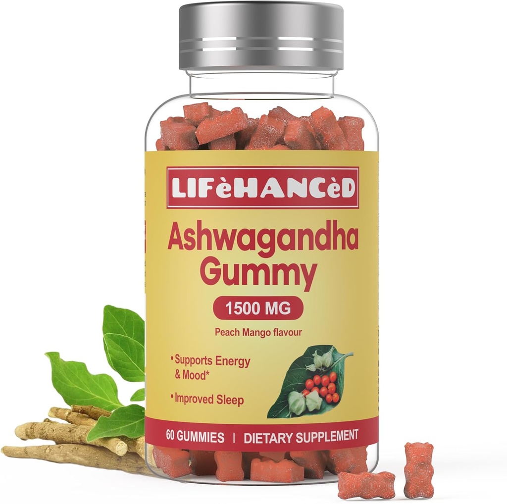 Ashwagandha Gummies, LAB testat, 60 Conte,1500mg,3% Witanolides,Peach Mango Arome, Supliment ideal pentru întreaga ta familie.