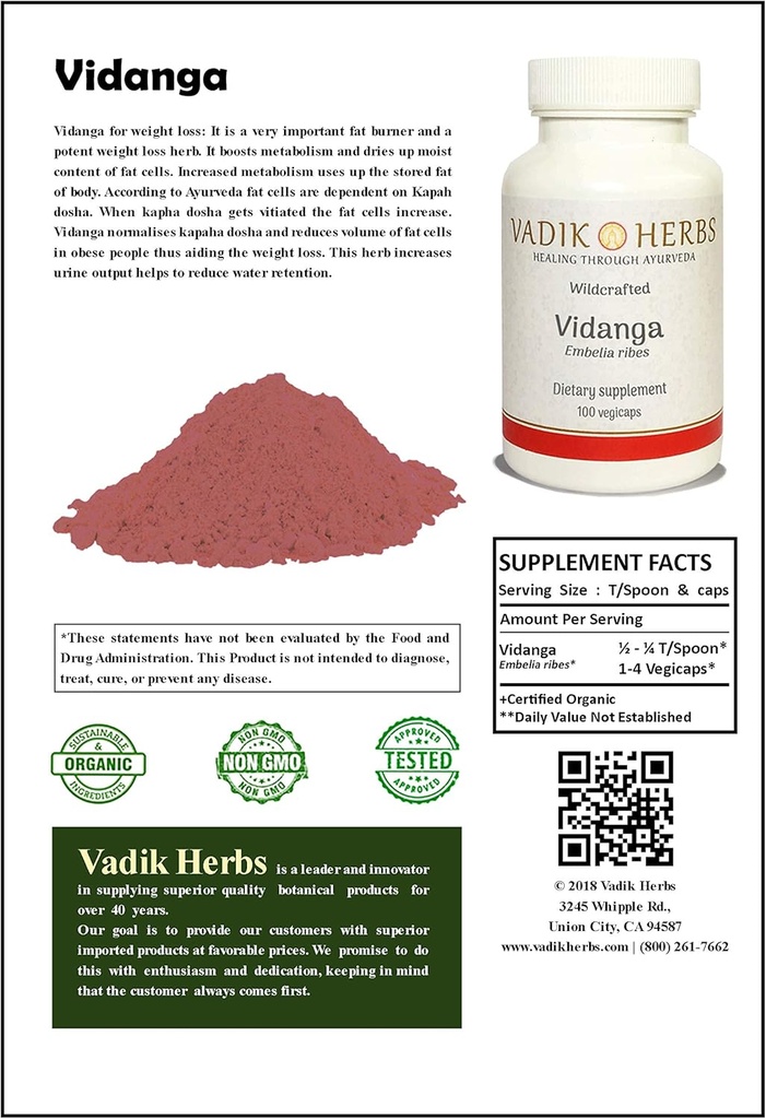 Vadik Herbs Certified Organic Vidanga (Embelia Ribes) Powder 1lb. Pack 