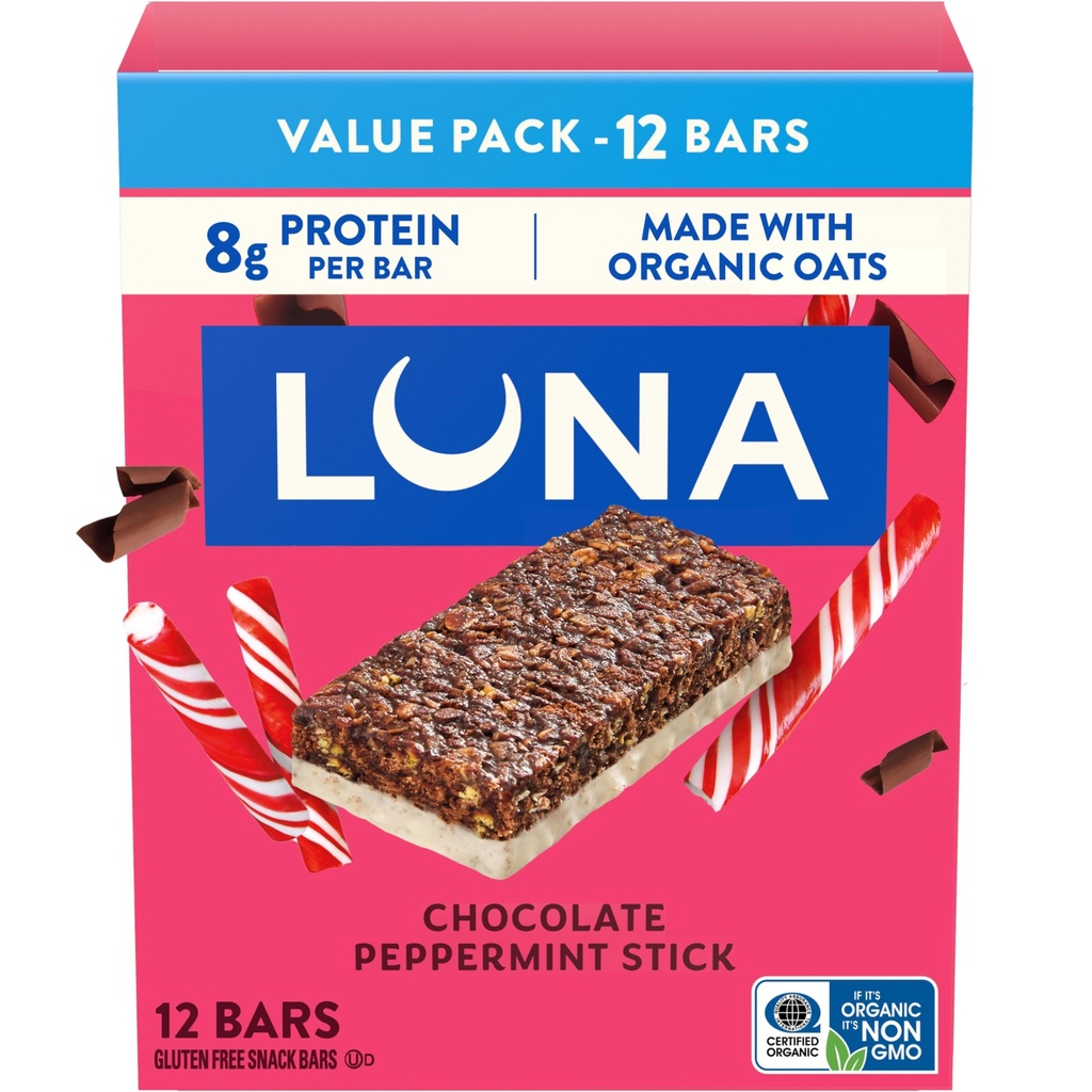 LUNA Bar - Ciocolata Peppermint Stick Flavor - Snack Bars - non-GMO - Gluten-Free Proteine Baruri - Made with Organic Oats (12 Pack)