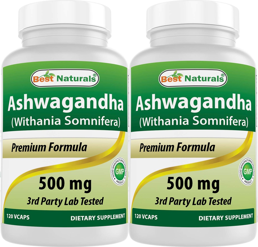 Cel mai bun Naturals 2 Pack capsule Ashwagandha pentru relaxare stres și stare de spirit, 500 mg, 120 Număr total 240 capsule