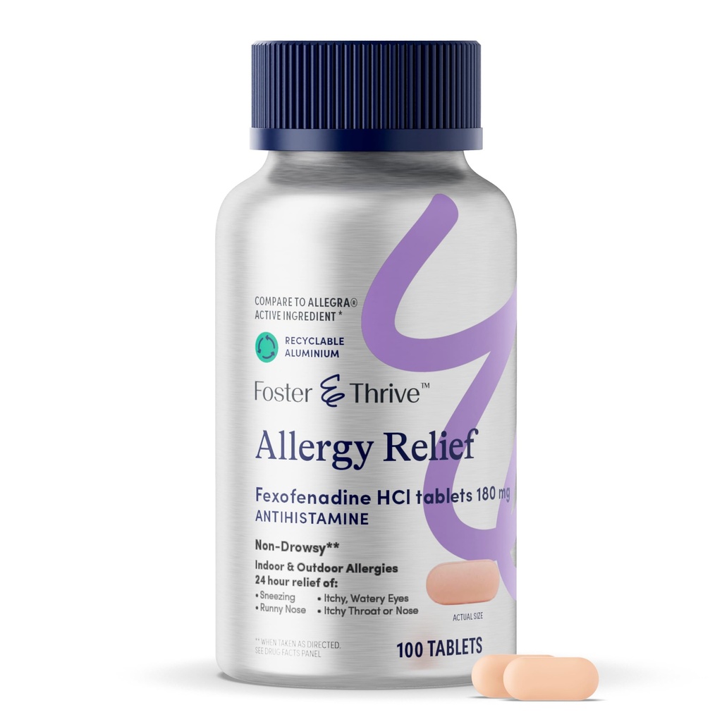 Foster & Thrive Fexofenadină HCl non-Drowsy Alergie Relief pentru febra Hay, Polen, Itchy Eyes, și alergii sezoniere, suport eficient pentru copii și adulți, 180 mg, 100 comprimate