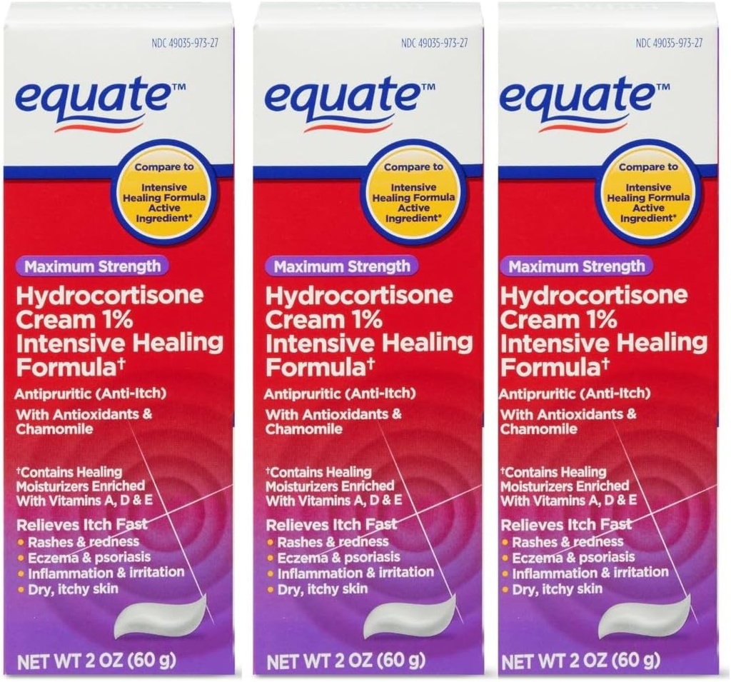 Equate Hydrocortizon Intense Healing Cream, 2 oz, 1 procent Intensive Healing Formula, Itch Relief pentru Bug Bites, Eczema, Psoriazis, Poison Ivy, Oak și Sumac, 2 Ounce (Pachet de 3)