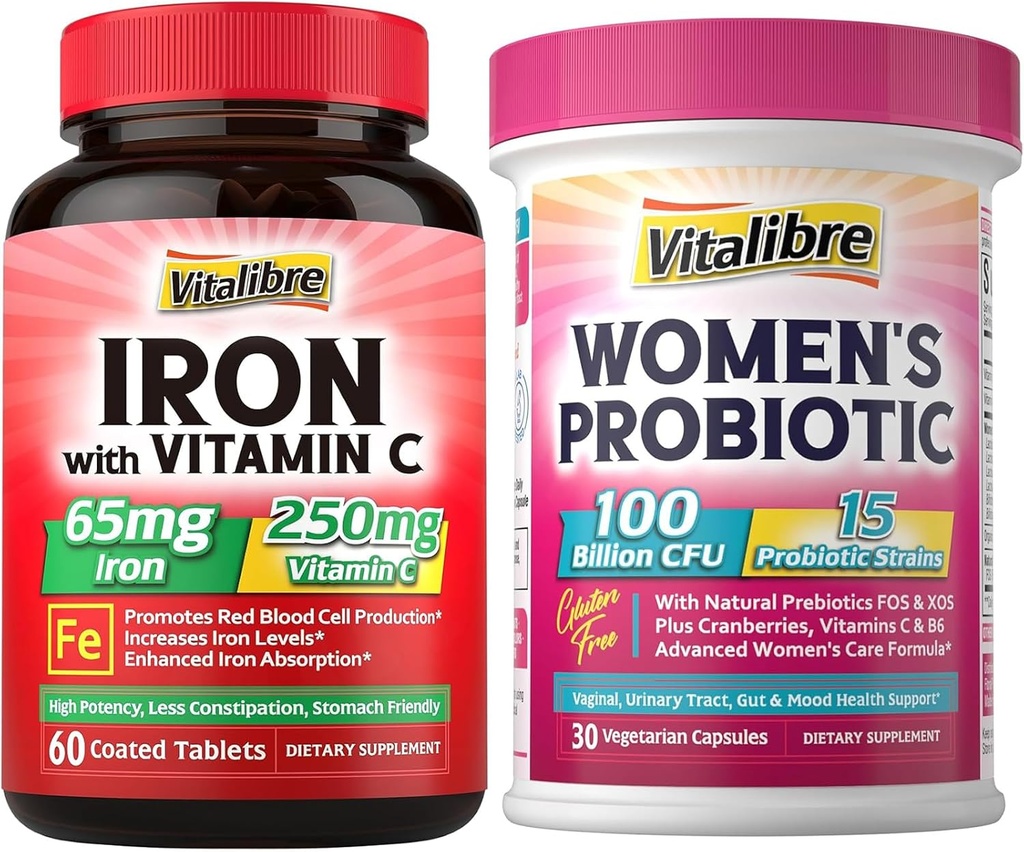 Supliment de fier, 65mg Carbonyl Fier cu 250mg vitamina C + Probiotice Vitalibre 100 miliarde CFU, 15 tulpini, w/prebiotic, Cranberry, vitamina B6 & VC