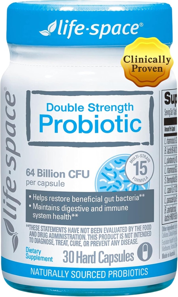 Life-Space Dublu Putere Spectrum larg Probiotic, 64 Miliarde CFU & 15 Tulpini Diverse, Redublu Formulat pentru Digestive Health & Immune Health, Probiotice pentru femei si barbati - 30 Veg Capsule