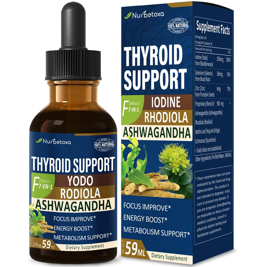 Picături de suport tiroidian - Suplimentul de iod lichid, Gotas de YODO y Selenio para Tiroides, Con Rodiola Semenovii y Ortiga, Fight Brain Fog w/Ashwagandha & Rhodiola Extract Tincture.2 oz