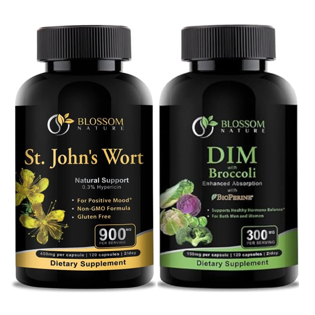 St Johns Wort 900mg-Mood Supplement-Calm Suplimente. Suplimentul DIM 300mg cu Broccoli 200mg BioPerine 10mg-Hormon şi Echilibrul Estrogen pentru Femei & Men.120 Capsule vegetale (doză de 2 luni)